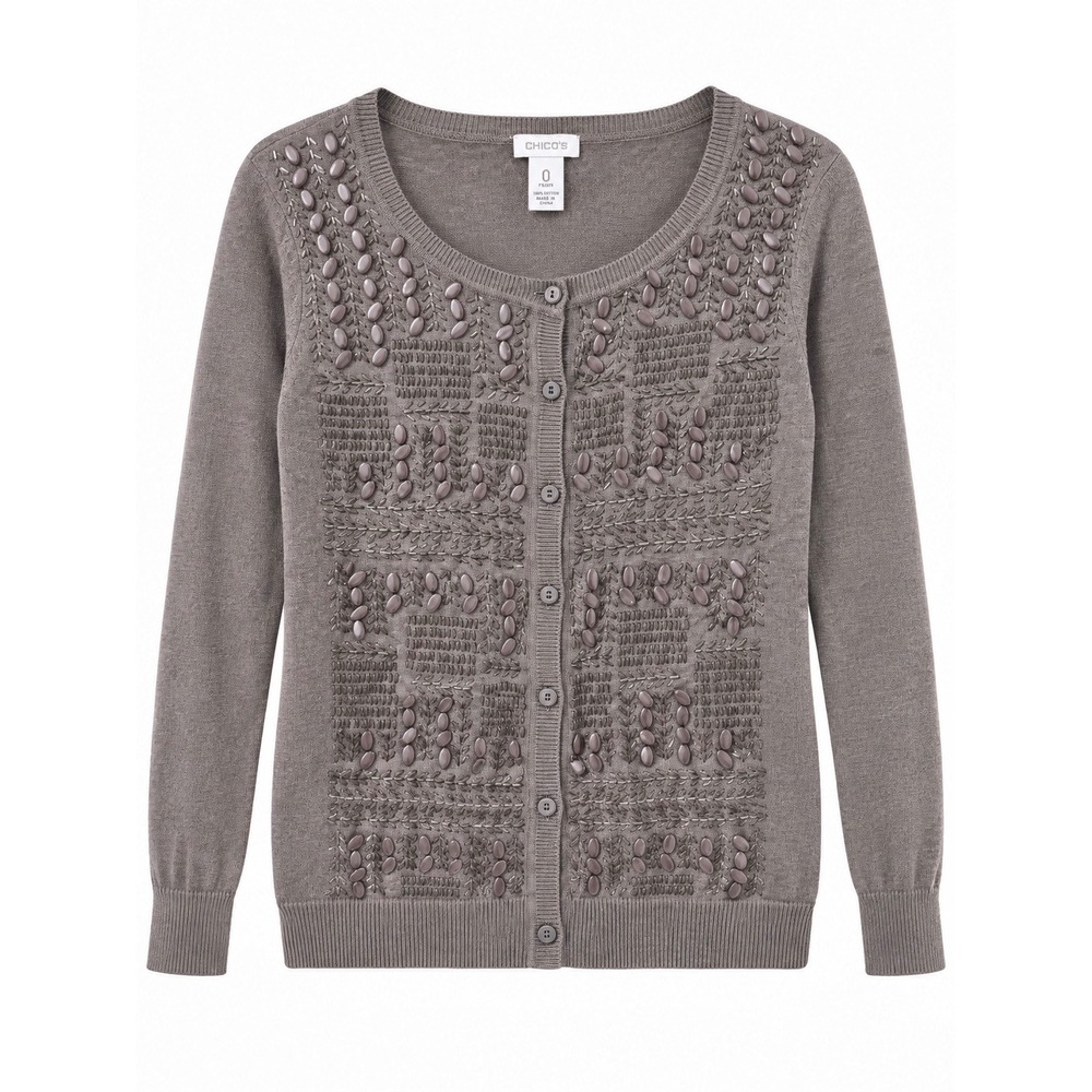 Chico's Size 0 Dark Tan Beaded Embellished Cardigan Sweater Button Front Boho